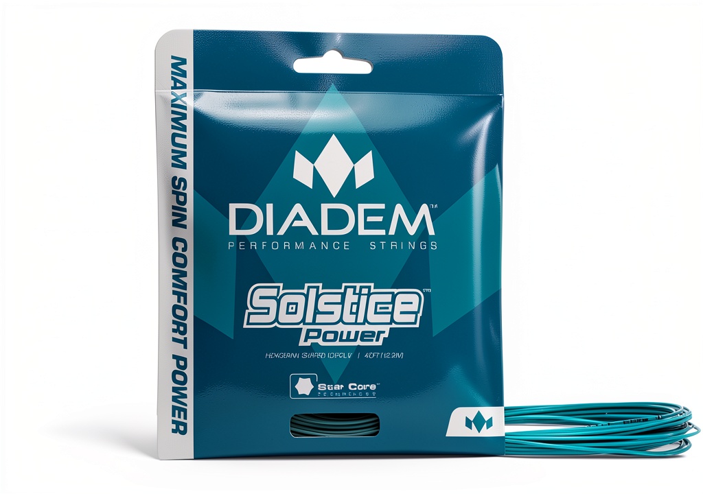 Diadem Sports teal racket string being installed on a tennis racket